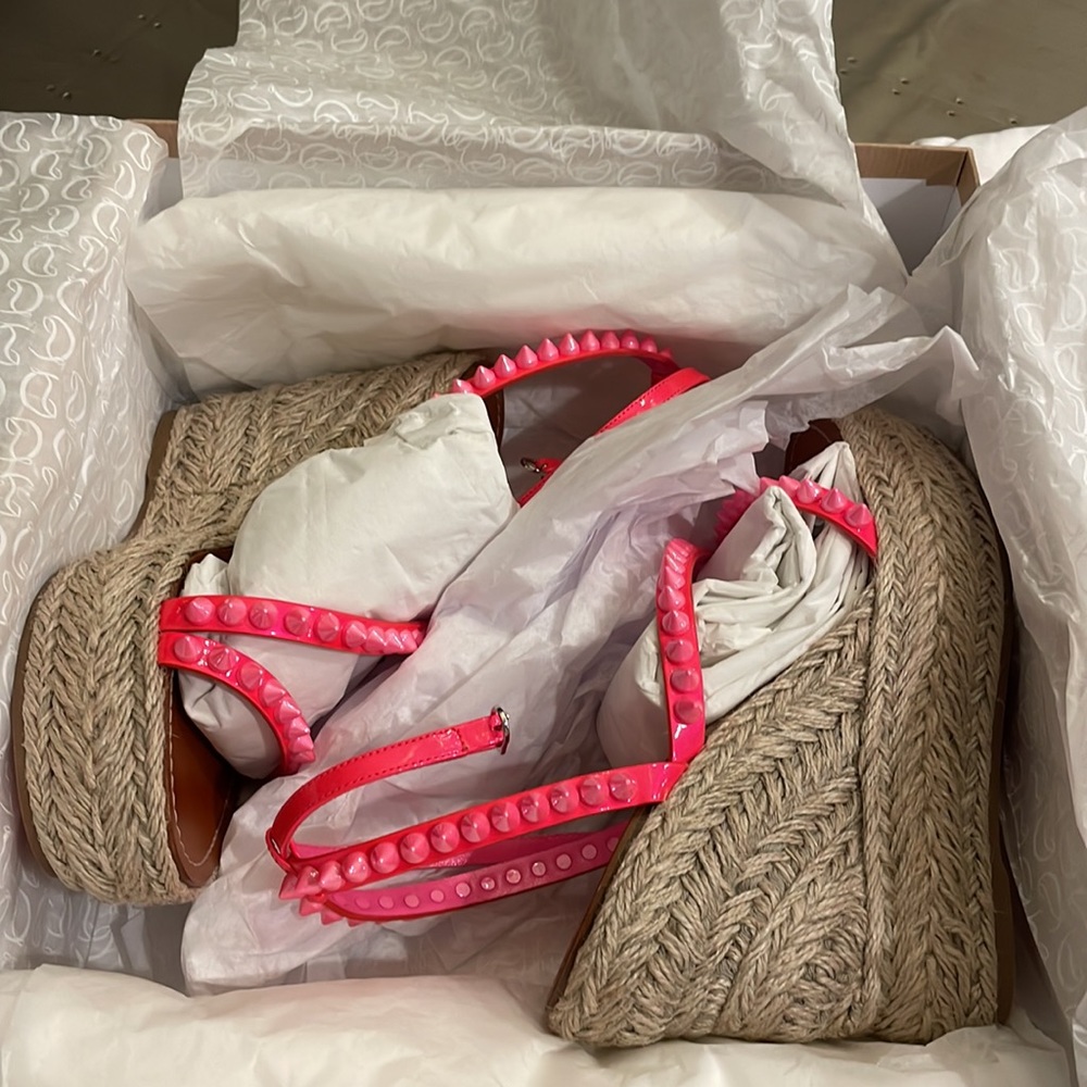 Christian louboutin mafaldina 120mm wedge espadrille pink neon sandal sz 37 - Picture 15 of 15